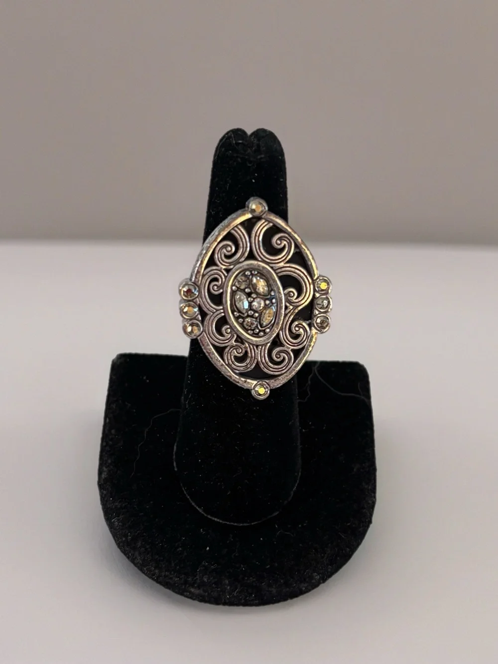 Brighton Silver Filigree Scroll Ring with Crystal Accents.  Scrollwork & Crystal